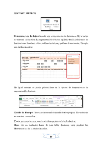 60
SECCIÓN: FILTROS
Segmentación de datos: Inserta una segmentación de datos para filtrar datos
de manera interactiva. La segmentación de datos agiliza y facilita el filtrado de
las funciones de cubos, tablas, tablas dinámicas y gráficos dinamizados. Ejemplo
con tabla dinámica:
De igual manera se puede personalizar en la opción de herramientas de
segmentación de datos.
Escala de Tiempo: Insertan un control de escala de tiempo para filtras fechas
de manera interactiva.
Pasos para crear una escala de tiempo con tabla dinámica:
Haga clic en cualquier lugar de una tabla dinámica para mostrar las
Herramientas de la tabla dinámica.
 
