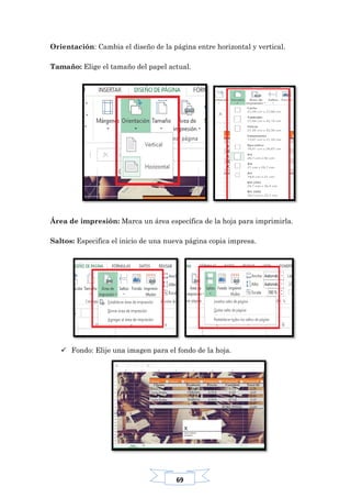 69
Orientación: Cambia el diseño de la página entre horizontal y vertical.
Tamaño: Elige el tamaño del papel actual.
Área de impresión: Marca un área específica de la hoja para imprimirla.
Saltos: Especifica el inicio de una nueva página copia impresa.
 Fondo: Elije una imagen para el fondo de la hoja.
 