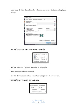 70
Imprimir títulos: Especifique las columnas que se repetirán en cada página
impresa.
SECCIÓN: AJUSTES AREA DE IMPRESIÓN
Ancho: Reduce el ancho del resultado de impresión.
Alto: Reduce el alto de impresión.
Escala: Reduce o aumenta el porcentaje de impresión de tamaño real.
SECCIÓN: OPCIONES DE LA HOJA
 