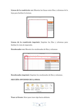 71
Líneas de la cuadricula ver: Muestra las líneas entre filas y columnas de la
hoja para facilitar la lectura.
Líneas de la cuadricula imprimir: Imprime las filas y columnas para
facilitar la vista de impresión.
Encabezados ver: Muestra los encabezados de filas y columnas
Encabezados imprimir: Imprime los encabezados de filas y columnas.
SECCIÓN: OPCIONES DE LA HOJA
Traer al frente: Sirve para traer algo hacia adelante.
 