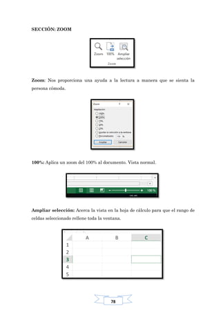78
SECCIÓN: ZOOM
Zoom: Nos proporciona una ayuda a la lectura a manera que se sienta la
persona cómoda.
100%: Aplica un zoom del 100% al documento. Vista normal.
Ampliar selección: Acerca la vista en la hoja de cálculo para que el rango de
celdas seleccionado rellene toda la ventana.
 