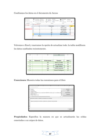 87
Cambiamos los datos en el documento de Access
Volvemos a Excel y marcamos la opción de actualizar todo, la tabla modificara
los datos cambiados recientemente.
Conexiones: Muestra todas las conexiones para el libro
Propiedades: Especifica la manera en que se actualizarán las celdas
conectadas a un origen de datos.
 