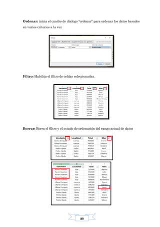 89
Ordenar: inicia el cuadro de dialogo “ordenar” para ordenar los datos basados
en varios criterios a la vez
Filtro: Habilita el filtro de celdas seleccionadas.
Borrar: Borra el filtro y el estado de ordenación del rango actual de datos
 