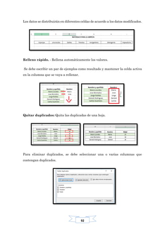 92
Los datos se distribuirán en diferentes celdas de acuerdo a los datos modificados.
Relleno rápido. - Rellena automáticamente los valores.
Se debe escribir un par de ejemplos como resultado y mantener la celda activa
en la columna que se vaya a rellenar.
Quitar duplicados: Quita las duplicadas de una hoja.
Para eliminar duplicados, se debe seleccionar una o varias columnas que
contengan duplicados.
 