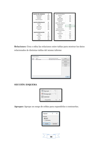 94
Relaciones: Crea o edita las relaciones entre tablas para mostrar los datos
relacionados de distintas tablas del mismo informe
SECCIÓN: ESQUEMA
Agrupar: Agrupa un rango de celdas para expandirlas o contraerlas.
 