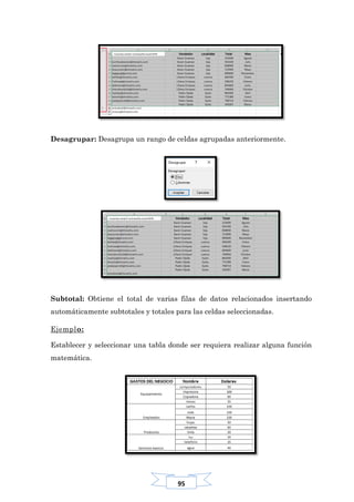 95
Desagrupar: Desagrupa un rango de celdas agrupadas anteriormente.
Subtotal: Obtiene el total de varias filas de datos relacionados insertando
automáticamente subtotales y totales para las celdas seleccionadas.
Ejemplo:
Establecer y seleccionar una tabla donde ser requiera realizar alguna función
matemática.
 