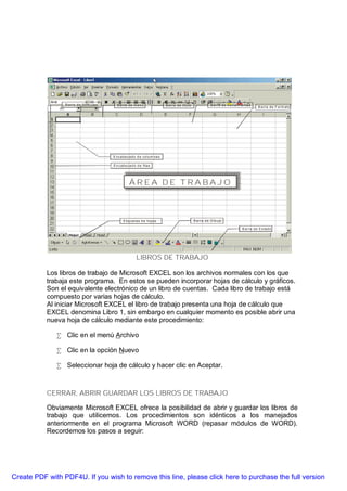 VENTANA DE TRABAJO DE MICROSOFT EXCEL:

                 B a rra d e f ó rm u la s      B a rra d e m e n ú                  B a rra d e títu lo               B a rra d e h e rra m ie n ta s
                                                                                                                                                           B a rra d e F o rm a to




                                             E n c a b e z a d o d e co lu m n a s

                                             E n c a b e z a d o d e fila s




                                                         ÁREA DE TRABAJO



                                                    E tiq u e t a s d e h o ja s                           B a rra d e D ib u jo

                                                                                                                                               B a rra d e E s ta d o




                                                               LIBROS DE TRABAJO

           Los libros de trabajo de Microsoft EXCEL son los archivos normales con los que
           trabaja este programa. En estos se pueden incorporar hojas de cálculo y gráficos.
           Son el equivalente electrónico de un libro de cuentas. Cada libro de trabajo está
           compuesto por varias hojas de cálculo.
           Al iniciar Microsoft EXCEL el libro de trabajo presenta una hoja de cálculo que
           EXCEL denomina Libro 1, sin embargo en cualquier momento es posible abrir una
           nueva hoja de cálculo mediante este procedimiento:

              • Clic en el menú Archivo

              • Clic en la opción Nuevo

              • Seleccionar hoja de cálculo y hacer clic en Aceptar.



           CERRAR, ABRIR GUARDAR LOS LIBROS DE TRABAJO

           Obviamente Microsoft EXCEL ofrece la posibilidad de abrir y guardar los libros de
           trabajo que utilicemos. Los procedimientos son idénticos a los manejados
           anteriormente en el programa Microsoft WORD (repasar módulos de WORD).
           Recordemos los pasos a seguir:




Create PDF with PDF4U. If you wish to remove this line, please click here to purchase the full version
 