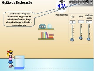 Este botão serve para visualizares os gráfico de velocidade/tempo, força de atrito/ força aplicada e espaço tempo. Guião de Exploração 
