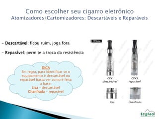 CE4 
descartável 
CE4S 
reparável 
- Descartável: ficou ruim, joga fora 
- Reparável: permite a troca da resistência 
DICA 
Em regra, para identificar se o 
equipamento é descartável ou 
reparável basta ver como é feita 
a base: 
Lisa – descartável 
Chanfrada - reparável 
lisa chanfrada 
 