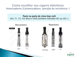 Pavio na parte de cima (top coil) 
CE4, T1, T2, Vivi Nova e CE4S (também chamado CE5 ou CE5+) 
Descartáveis Reparáveis 
CE4 T1 
Vivi Nova CE4S T2 
 