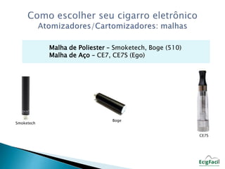 Malha de Poliester – Smoketech, Boge (510) 
Malha de Aço – CE7, CE7S (Ego) 
Smoketech 
Boge 
CE7S 
 