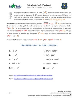 Colegio La Salle Envigado 
“FORMANDO EN VALORES PARA LA VIDA” 
PROFESOR: NELSON RUEDA 
~ 13 ~ LIC.EDUCACION BASICA MATEMATICAS (U de 
A) 
ESTUDIANTE DE MAESTRIA EN “ENSEÑANZA DE LAS CIENCIAS EXACTAS Y NATURALES” (UN) 
Ahora para encontrar la raíz cubica de ocho ൫√ퟖ ퟑ ൯ procedemos de la misma forma que 
para encontrar la raíz cubica de 27, es decir buscamos un número que multiplicado tres 
veces por sí mismo dé como resultado 8, tal como lo muestra la descomposición del 
número en sus factores primos, tal número es ퟐ, es decir: ퟐퟑ = (ퟐ)(ퟐ)(ퟐ) = ퟖ 
Resumamos: ya encontramos las raíces de los términos ퟑ√ퟐퟕ풙ퟑ = ퟑ풙; √ퟖ ퟑ = ퟐ, la factorización 
de una suma de cubos perfectos está compuesta por un término corto, las raíces encontradas 
(ퟑ풙 + ퟐ) y un término largo que está constituido por un trinomio, el primer término es la primera 
raíz al cuadrado (ퟑ풙)ퟐ = ퟗ풙ퟐ, el segundo lo forma el producto de las dos raíces (ퟑ풙)(ퟐ) = ퟔ풙, y 
el tercer término la segunda raíz al cuadrado ퟐퟐ = ퟒ, luego el trinomio queda constituido así: 
(ퟗ풙ퟐ − ퟔ풙 + ퟒ) 
Todo el cubo factorizado nos quedaría así: ퟐퟕ풙ퟑ + ퟖ = (ퟑ풙 + ퟐ)(ퟗ풙ퟐ − ퟔ풙 + ퟒ) 
EJERCICIOS DE PRACTICA CUBOS PERFECTOS 
1. 1 + 푥3 
2. 1 − 푎3 
3. 푥3 + 푦3 
4. 1000 − 푚3 
5. 216 − 푥12 
6. 27푎3 + 125푏3 
7. 8푎3 − 64푏3 
8. 64푥3푦6 + 216푧9 
9. 512푥6 − 729푦3 
10. 푎3푏3 − 푥6 
Ayuda: http://www.youtube.com/watch?v=LZE5eWFeAo4&feature=relmfu 
Ayuda: http://www.youtube.com/watch?v=yEeYghrUWa4&feature=related 
