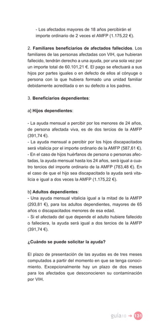 - Los afectados mayores de 18 años percibirán el
    importe ordinario de 2 veces el AMFP (1.175,22 €).

2. Familiares beneficiarios de afectados fallecidos. Los
familiares de las personas afectadas con VIH, que hubieran
fallecido, tendrán derecho a una ayuda, por una sola vez por
un importe total de 60.101,21 €. El pago se efectuará a sus
hijos por partes iguales o en defecto de ellos al cónyuge o
persona con la que hubiera formado una unidad familiar
debidamente acreditada o en su defecto a los padres.

3. Beneficiarios dependientes:

a] Hijos dependientes:

- La ayuda mensual a percibir por los menores de 24 años,
de persona afectada viva, es de dos tercios de la AMFP
(391,74 €).
- La ayuda mensual a percibir por los hijos discapacitados
será vitalicia por el importe ordinario de la AMFP (587,61 €).
- En el caso de hijos huérfanos de persona o personas afec­
tadas, la ayuda mensual hasta los 24 años, será igual a cua­
tro tercios del importe ordinario de la AMFP (783,48 €). En
el caso de que el hijo sea discapacitado la ayuda será vita­
licia e igual a dos veces la AMFP (1.175,22 €).

b] Adultos dependientes:
- Una ayuda mensual vitalicia igual a la mitad de la AMFP
(293,81 €), para los adultos dependientes, mayores de 65
años o discapacitados menores de esa edad.
- Si el afectado del que depende el adulto hubiere fallecido
o falleciera, la ayuda será igual a dos tercios de la AMFP
(391,74 €).

¿Cuándo se puede solicitar la ayuda?

El plazo de presentación de las ayudas es de tres meses
computados a partir del momento en que se tenga conoci­
miento. Excepcionalmente hay un plazo de dos meses
para los afectados que desconocieren su contaminación
por VIH.




                                             guía10   � 131
 