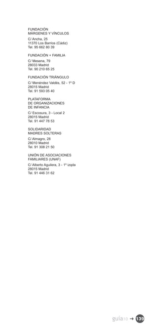 FUNDACIÓN
MÁRGENES Y VÍNCULOS
C/ Ancha, 25

11370 Los Barrios (Cádiz)

Tel. 95 662 80 39


FUNDACIÓN + FAMILIA
C/ Mesena, 79

28033 Madrid

Tel. 90 210 65 25


FUNDACIÓN TRIÁNGULO
C/ Menéndez Valdés, 52 - 1º D

28015 Madrid

Tel. 91 593 05 40


PLATAFORMA
DE ORGANIZACIONES
DE INFANCIA
C/ Escosura, 3 - Local 2

28015 Madrid

Tel. 91 447 78 53


SOLIDARIDAD
MADRES SOLTERAS
C/ Almagro, 28

28010 Madrid

Tel. 91 308 21 50


UNIÓN DE ASOCIACIONES
FAMILIARES (UNAF)
C/ Alberto Aguilera, 3 - 1º izqda

28015 Madrid

Tel. 91 446 31 62





                                     guía10   � 139
 