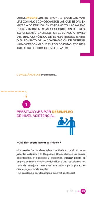 OTRAS AYUDAS QUE ES IMPORTANTE QUE LAS FAMI­
LIAS CON HIJOS CONOZCAN SON LAS QUE SE DAN EN
MATERIA DE EMPLEO. EN ESTE ÁMBITO, LAS AYUDAS
PUEDEN IR ORIENTADAS A LA CONCESIÓN DE PRES­
TACIONES ASISTENCIALES POR EL ESTADO A TRAVÉS
DEL SERVICIO PÚBLICO DE EMPLEO ESTATAL (SPEE),
O AL FOMENTO DE LA CONTRATACIÓN DE DETERMI­
NADAS PERSONAS QUE EL ESTADO ESTABLECE DEN­
TRO DE SU POLÍTICA DE EMPLEO ANUAL.




CONOZCÁMOSLAS brevemente...




       1
PRESTACIONES POR DESEMPLEO
DE NIVEL ASISTENCIAL




¿Qué tipo de prestaciones existen?

- La prestación por desempleo contributiva cuando el traba­
jador ha cotizado a la Seguridad Social durante un tiempo
determinado, y pudiendo y queriendo trabajar pierde su
empleo de forma temporal o definitiva, o vea reducida su jor­
nada de trabajo al menos en una tercera parte por expe­
diente regulador de empleo.
- La prestación por desempleo de nivel asistencial.




                                            guía10   � 49
 