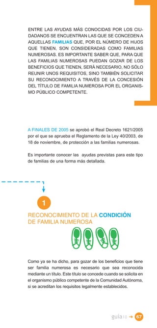 ENTRE LAS AYUDAS MÁS CONOCIDAS POR LOS CIU­
DADANOS SE ENCUENTRAN LAS QUE SE CONCEDEN A
AQUELLAS FAMILIAS QUE, POR EL NÚMERO DE HIJOS
QUE TIENEN, SON CONSIDERADAS COMO FAMILIAS
NUMEROSAS. ES IMPORTANTE SABER QUE, PARA QUE
LAS FAMILIAS NUMEROSAS PUEDAN GOZAR DE LOS
BENEFICIOS QUE TIENEN, SERÁ NECESARIO, NO SÓLO
REUNIR UNOS REQUISITOS, SINO TAMBIÉN SOLICITAR
SU RECONOCIMIENTO A TRAVÉS DE LA CONCESIÓN
DEL TÍTULO DE FAMILIA NUMEROSA POR EL ORGANIS­
MO PÚBLICO COMPETENTE.




A FINALES DE 2005 se aprobó el Real Decreto 1621/2005
por el que se aprueba el Reglamento de la Ley 40/2003, de
18 de noviembre, de protección a las familias numerosas.

Es importante conocer las ayudas previstas para este tipo
de familias de una forma más detallada.




       1
RECONOCIMIENTO DE LA CONDICIÓN

DE FAMILIA NUMEROSA




Como ya se ha dicho, para gozar de los beneficios que tiene
ser familia numerosa es necesario que sea reconocida
mediante un título. Este título se concede cuando se solicita en
el organismo público competente de la Comunidad Autónoma,
si se acreditan los requisitos legalmente establecidos.




                                              guía10    � 67
 