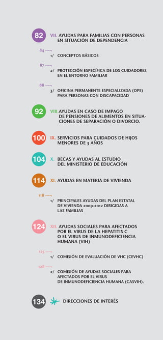 82    VII. AYUDAS PARA FAMILIAS CON PERSONAS
          EN SITUACIÓN DE DEPENDENCIA

 84 ---¬
       1/ CONCEPTOS BÁSICOS

 87 ---¬
       2/	 PROTECCIÓN ESPECÍFICA DE LOS CUIDADORES
           EN EL ENTORNO FAMILIAR

 88 ---¬
       3/	 OFICINA PERMANENTE ESPECIALIZADA (OPE)
           PARA PERSONAS CON DISCAPACIDAD



92    VIII.AYUDAS EN CASO DE IMPAGO
           DE PENSIONES DE ALIMENTOS EN SITUA­
           CIONES DE SEPARACIÓN O DIVORCIO.


100   IX. SERVICIOS PARA CUIDADOS DE HIJOS
          MENORES DE 3 AÑOS


104   X.	 BECAS Y AYUDAS AL ESTUDIO
          DEL MINISTERIO DE EDUCACIÓN


114   XI. AYUDAS EN MATERIA DE VIVIENDA


 118 ---¬
        1/	 PRINCIPALES AYUDAS DEL PLAN ESTATAL
            DE VIVIENDA 2009-2012 DIRIGIDAS A
            LAS FAMILIAS



124   XII. AYUDAS SOCIALES PARA AFECTADOS
          POR EL VIRUS DE LA HEPATITIS C
          O EL VIRUS DE INMUNODEFICIENCIA
          HUMANA (VIH)

 125 ---¬
        1/ COMISIÓN DE EVALUACIÓN DE VHC (CEVHC)

 128 ---¬
        2/	 COMISIÓN DE AYUDAS SOCIALES PARA
            AFECTADOS POR EL VIRUS
            DE INMUNODEFICIENCIA HUMANA (CASVIH).




134   * DIRECCIONES DE INTERÉS
 