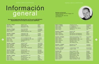E S C U E L A , F A M I L I A Y D I S C A P A C I D A D
P R O G R A M A D E E D U C A C I O N E S P E C I A L / M I N E D U C
13
P
A
G I N
A
Deprov. 8° Región Chacabuco N° 618 Concepción
Deprov. Concepción Av. Chacabuco N° 618 Concepción
Deprov. Ñuble Av. Libertador s/n Chillán
Deprov. Bío-Bío Caupolicán s/n Edif. Públicos Los Angeles
Deprov. Arauco Saavedra s/n Lebu
Secreduc. 9° Región Bulnes N° 590 Temuco
Deprov. Malleco Prat N° 218 Angol
Deprov. Cautín Sur Claro Solar esq. Gral Mackenna Temuco
Deprov. Cautín Norte Claro Solar esq. Gral. Mackenna Temuco
Secreduc. 10° Región Edificio Anexo Intenden. 4° piso Puerto Montt
Deprov. Valdivia Carlos Anwandter N° 708 Valdivia
Deprov. Osorno Eleuterio Ramírez N° 599, 2° piso Osorno
Deprov. Llanquihue San Martín N° 80, 3er
piso Puerto Montt
Deprov. Chiloé Sotomayor N° 393 Castro
Deprov. Palena Juan Todesco N° 106 Chaitén
Secreduc. 11° Región Baquedano N° 238 Coyhaique
Deprov. Coyhaique Barroso N° 632 Coyhaique
Secreduc. 12° Región I. Carrera Pinto N° 1259 Punta Arenas
Deprov. Magallanes Ovejero N° 0285 Punta Arenas
Secreduc. R.M. Alonso Ovalle N° 1087 Santiago
Deprov. Centro Portugal N° 193, 2° piso Santiago
Deprov. Sur Ricardo Morales N° 3369 San Miguel
Deprov. Oriente Rosita Renard N° 1179 Ñuñoa
Deprov. Poniente Santo Domingo N° 1828 Santiago
Deprov. Talagante Balmaceda N° 1133 Talagante
Deprov. Cordillera Santo Domingo N° 241 – A Puente Alto
Deprov. Norte Nicanor de la Sota N° 1623 Santiago
E S C U E L A , F A M I L I A Y D I S C A P A C I D A D
P R O G R A M A D E E D U C A C I O N E S P E C I A L / M I N E D U C
¿Por qué es importante la familia en el
desarrollo y aprendizaje de sus hijos?
• Porque la familia afronta las situaciones y problemas que tienen sus
integrantes en todos los momentos de la vida.
• Hace que los hijos e hijas se sientan queridos y valorados, expresándoles
respeto, cariño y afecto, realizando actividades en conjunto, reconociendo,
aceptando sus cualidades o defectos y no criticándolos en público.
• Escucha, conversa, se comunica con ellos, no sólo hablando, sino a través de
los gestos, de los ojos, de los silencios, de los movimientos, del tono de la voz.
• Los apoya en su desarrollo afectivo, en la formación de valores,en el desarrollo
del pensamiento y de habilidades para relacionarse con otras personas.
• Mantiene comunicación constante con la escuela, para poder avanzar en el
trabajo y objetivos del proceso educativo, siendo el hogar la principal fuente de
información y conocimientos, que ayuda a los educadores a tener una visión
más completa de su hijos e hijas.
• Se informa de las diversas opciones educativas y laborales que se ofertan a
niños, niñas y jóvenes con discapacidad para contribuir a una mejor orientación
de sus hijos e hijas en la toma de decisiones.
8
P
A
G I N
A
Ministerio de Educación
Alameda Libertador Bernardo O’Higgins 1371
Teléfono 390 40 00
Linea Mineduc 600 - 646 33 82
www.mineduc.cl
12
P
A
G I N
A
Secreduc 1° Región Zegers N° 159 Iquique
Deprov. Arica Arturo Prat N° 405 Arica
Deprov. Iquique Baquedano N° 1073 Iquique
Secreduc. 2° Región Arturo Prat N°384 Antofagasta
Deprov. Antofagasta Coquimbo N° 847 Antofagasta
Deprov. El Loa Bañados Espinoza N° 1854 Calama
Secreduc. 3° Región Chañarcillo N° 550 Copiapó
Deprov. Copiapó Chañarcillo N° 550 Copiapó
Deprov. Huasco Plaza N° 16 Depto. 12 Vallenar
Secreduc. 4° Región Av. Fco. de Aguirre N° 260 La Serena
Deprov. Elqui Av. Fco. de Aguirre N° 260, 3 piso La Serena
Deprov. Limarí Independencia N° 479 Ovalle
Deprov. Choapa Buin S/N Illapel
Secreduc. 5° Región Quillota N° 0152 Viña del Mar
Deprov. Valparaíso Arlegui N° 852 Viña del Mar
Deprov. San Felipe Toro Mazote N° 218 San Felipe
Deprov. Quillota Freire N° 399 Quillota
Deprov. San Antonio Carab. de Chile / Sanfuentes San Antonio
Secreduc. 6° Región Campos N° 456 Rancagua
Deprov. Cachapoal Germán Riesco N°348 Rancagua
Deprov. Colchagua Valdivia N° 810 San Fernando
Deprov. Cardenal Caro Anibal Pinto / Carrera Pichilemu
Secreduc. 7° Región Av. Carrera Pinto N° 130 Talca
Deprov. Curicó Merced N° 211 Curicó
Deprov. Talca Av. Carrera Pinto N° 130 Talca
Deprov. Linares Yumbel N° 698 Linares
Deprov. Cauquenes Claudina Urrutia s/n Cauquenes
Secretarias Regionales Ministeriales de Educación (SECREDUC)
Departamentos Provinciales de Educación (DEPROV)
Información
general
E S C U E L A , F A M I L I A Y D I S C A P A C I D A D
P R O G R A M A D E E D U C A C I O N E S P E C I A L / M I N E D U C
E S C U E L A , F A M I L I A Y D I S C A P A C I D A D
P R O G R A M A D E E D U C A C I O N E S P E C I A L / M I N E D U C
9
P
A
G I N
A
21
3
Oportunidades de participación
de los padres
Vínculo permanente con el hogar
• Libretas de comunicaciones diaria,
semanal, hogar escuela
• Diario mural
• Boletín o revista escolar
• Buzón escolar
• Libretas de notas, informes trimestrales,
semestrales
• Contactos telefónicos
• Encuentros a la entrada o salida de clases
• Planes educativos para el hogar y
reuniones periódicas con profesores
para su seguimiento.
Otras instituciones
• Uniones comunales de centros de
padres y apoderados
• Didecos (Direcciones de desarrollo
comunales)
• Organizaciones de, y, para la
Discapacidad
• Consejos Comunales de la
Discapacidad
• Federaciones de Padres y Apoderados
• Redes de apoyo y alianzas con otras
escuelas y empresas, industrias o
comercio de la comuna.
A nivel de establecimiento educacional
• Participación en centros de padres y sus
directivas
• Participación en proyecto educativo
• Participación en equipo de gestión
• Participación en la elaboración del reglamento
interno
• Participación en proyectos de mejoramiento
educativo
• Participación en talleres para padres
• Participación en equipos y clubes deportivos
• Participación en convivencias y paseos
• Participación en conservación y mejoramiento
de la escuela
• Elaboración de recursos didácticos
• Visitas y trabajos con el profesor en la sala
de clases.
 
