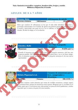 Guía fantástico-terrorífica: vampiros, hombres lobo, brujas y zombis
                     Biblioteca Diputación A Coruña


A Z U L E S :: D E 0 A 7 A Ñ O S
AZULES DE 0 A 7 AÑOS

       Crozon, Alain                                  Adivinanzas de miedo
       Diversas criaturas            Adivinanzas                             398.6 ADI / z

       Libro que contiene 21 adivinanzas en las que el niño debe identificar elementos y
       personajes relacionados con el miedo. Se aporta una primera propuesta para reconocer
       el motivo, observando una parte de él; si no se adivina, se ofrece una pista escrita y
       rimada. Al abrir la solapa, se ve la solución.




                                                      ¡No! Dijo el pequeño
        Güettler, Kalle
                                                      monstruo
        Monstruos                     Cuento                                N GÜE nod / z

        Cuando el monstruo grande llama a la puerta del pequeño monstruo, solo hay una
        respuesta posible: ¡No! El monstruo grande no se porta bien y no es un buen amigo.
        Pero el monstruo grande promete cambiar y el pequeño monstruo le da una nueva
        oportunidad.




                                                      Cuentos de monstruos para
       Michel, Piquemal et al.                        leer, comprender y
                                                      divertirse.
       Monstruos                     Cuentos                                 398.4 CUE / z

       Este libro contiene cuatro historias que tratan de terribles monstruos, aunque seguro
       que terminan bien, porque los monstruos nunca ganan. Dragones que se esconden en el
       jardín, ogros que se encuentran muy solos porque no paran de decir palabrotas y arañas
       espaciales que se comen a la gente de otros mundos.




                                       21
 