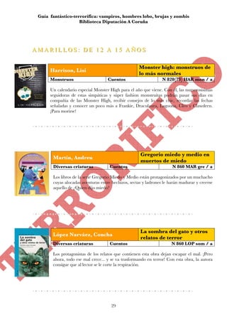 Guía fantástico-terrorífica: vampiros, hombres lobo, brujas y zombis
                     Biblioteca Diputación A Coruña




A M A R I L L O S :: D E 1 2 A 1 5 A Ñ O S
AMARILLOS DE 12 A 15 AÑOS

                                                     Monster high: monstruos de
       Harrison, Lisi
                                                     lo más normales
       Monstruos                     Cuentos                      N 820(73) HAR mon / a

       Un calendario especial Monster High para el año que viene. Con él, las numerosísimas
       seguidoras de estas simpáticas y súper fashion monstruitas podrán pasar sus días en
       compañía de las Monster High, recibir consejos de lo más chic, recordar las fechas
       señaladas y conocer un poco más a Frankie, Draculaura, Lagoona, Cleo y Clawdeen.
       ¡Para morirse!




                                                      Gregorio miedo y medio en
        Martín, Andreu
                                                      muertos de miedo
        Diversas criaturas            Cuentos                          N 860 MAR gre / a

        Los libros de la serie Gregorio Miedo y Medio están protagonizados por un muchacho
        cuyas alocadas aventuras entre hechizos, sectas y ladrones le harán madurar y creerse
        aquello de ¿Quien dijo miedo?




                                                      La sombra del gato y otros
        López Narváez, Concha
                                                      relatos de terror
        Diversas criaturas            Cuentos                          N 860 LOP som / a

        Los protagonistas de los relatos que contienen esta obra dejan escapar el mal. ¡Pero
        ahora, todo ese mal crece... y se va trasformando en terror! Con esta obra, la autora
        consigue que al lector se le corte la respiración.




                                       29
 