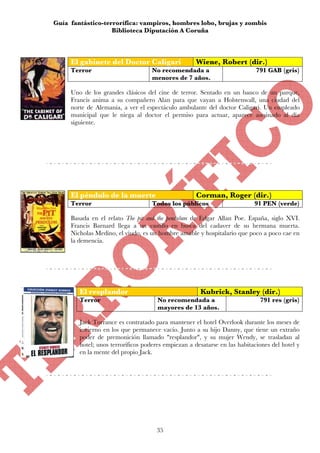 Guía fantástico-terrorífica: vampiros, hombres lobo, brujas y zombis
                   Biblioteca Diputación A Coruña



     El gabinete del Doctor Caligari                Wiene, Robert (dir.)
     Terror                        No recomendada a                         791 GAB (gris)
                                   menores de 7 años.

     Uno de los grandes clásicos del cine de terror. Sentado en un banco de un parque,
     Francis anima a su compañero Alan para que vayan a Holstenwall, una ciudad del
     norte de Alemania, a ver el espectáculo ambulante del doctor Caligari. Un empleado
     municipal que le niega al doctor el permiso para actuar, aparece asesinado al día
     siguiente.




     El péndulo de la muerte                        Corman, Roger (dir.)
     Terror                        Todos los públicos                      91 PEN (verde)

     Basada en el relato The pit and the pendulum de Edgar Allan Poe. España, siglo XVI.
     Francis Barnard llega a un castillo en busca del cadaver de su hermana muerta.
     Nicholas Medino, el viudo, es un hombre amable y hospitalario que poco a poco cae en
     la demencia.




        El resplandor                                 Kubrick, Stanley (dir.)
        Terror                        No recomendada a                       791 res (gris)
                                      mayores de 13 años.

        Jack Torrance es contratado para mantener el hotel Overlook durante los meses de
        invierno en los que permanece vacío. Junto a su hijo Danny, que tiene un extraño
        poder de premonición llamado "resplandor", y su mujer Wendy, se trasladan al
        hotel; unos terroríficos poderes empiezan a desatarse en las habitaciones del hotel y
        en la mente del propio Jack.




                                     35
 