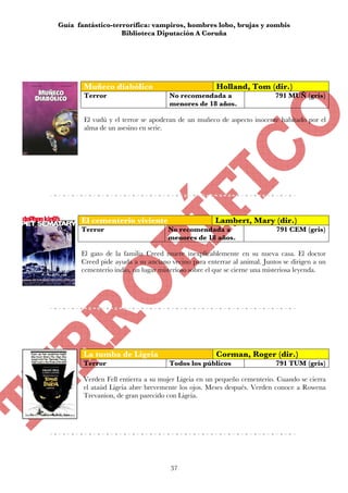 Guía fantástico-terrorífica: vampiros, hombres lobo, brujas y zombis
                   Biblioteca Diputación A Coruña




       Muñeco diabólico                             Holland, Tom (dir.)
       Terror                       No recomendada a                    791 MUÑ (gris)
                                    menores de 18 años.

       El vudú y el terror se apoderan de un muñeco de aspecto inocente habitado por el
       alma de un asesino en serie.




      El cementerio viviente                        Lambert, Mary (dir.)
      Terror                       No recomendada a                     791 CEM (gris)
                                   menores de 18 años.

      El gato de la familia Creed muere inexplicablemente en su nueva casa. El doctor
      Creed pide ayuda a su anciano vecino para enterrar al animal. Juntos se dirigen a un
      cementerio indio, un lugar misterioso sobre el que se cierne una misteriosa leyenda.




       La tumba de Ligeia                           Corman, Roger (dir.)
       Terror                       Todos los públicos                  791 TUM (gris)

       Verden Fell entierra a su mujer Ligeia en un pequeño cementerio. Cuando se cierra
       el ataúd Ligeia abre brevemente los ojos. Meses después. Verden conoce a Rowena
       Trevanion, de gran parecido con Ligeia.




                                    37
 
