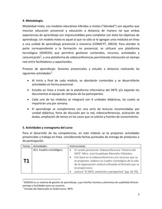 2
4. Metodología.
Modalidad mixta. Los modelos educativos híbridos o mixtos (“blended”) son aquellos que
mezclan educación presencial y educación a distancia de manera tal que ambas
experiencias de aprendizaje son imprescindibles para completar con éxito los objetivos de
aprendizaje. Un modelo mixto es aquel al que no sólo se le agregan unos módulos en línea
a una unidad de aprendizaje presencial o viceversa (CONACYT, 20014). Para atender la
parte correspondiente a la formación no presencial, se utilizará una plataforma
tecnológica (DOKEOS) que permitirá gestionar contenidos, recursos, actividades y
comunicación1
, y una plataforma de videoconferencias permitiendo interacción en tiempo
real entre facilitadores y capacitandos.
Proceso de aprendizaje: Sesiones presenciales y estudio a distancia realizando las
siguientes actividades2
:
 Al inicio y final de cada módulo, se abordarán contenidos y se desarrollarán
actividades en forma presencial.
 Estudio en línea a través de la plataforma informática del SNTE y/o bajando los
documentos al equipo de cómputo de los participantes.
 Cada uno de los módulos se integrará con 4 unidades didácticas, las cuales se
impartirán una por semana.
 El aprendizaje se complementa con una serie de lecturas recomendadas por
unidad didáctica, foros de discusión por la red, videoconferencias, aclaración de
dudas, ampliación de temas en los casos que se solicite y fuentes de conocimiento.
5. Actividades y cronograma del curso
Para el desarrollo de las competencias, en este módulo se te proponen actividades
presenciales y trabajo en línea considerando fechas puntuales de entrega de productos o
de participación.
Temas Actividades Instrucciones
T1
Ac1. Cuadro cronológico.  En sesión presencial. Videoconferencia "Historia del
SNTE" Mtro. José Guadalupe Montaño Villalobos.
 Con base en la videoconferencia y los recursos que se
te proponen, elabora un cuadro cronológico de la vida
de la organización sindical utilizando el formato que se
te proporciona:
 Lectura "El SNTE, evolución y perspectiva" (pp. 42-70).
1
DOKEOS es un sistema de gestión de aprendizaje, cuya interfaz intuitiva y elementos de usabilidad ofrecen
ventajas y facilidades para sus usuarios.
2
Tomado del Diplomado en Gobernanza. SNTE.
 
