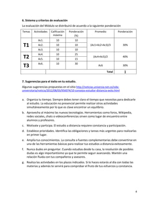 4
6. Sistema y criterios de evaluación
La evaluación del Módulo se distribuirá de acuerdo a la siguiente ponderación
Temas Actividades Calificación
máxima
Ponderación
(%)
Promedio Ponderación
T1
Ac1. 10 10
(Ac1+Ac2+Ac3)/3 30%Ac2. 10 10
Ac3. 10 10
T2
Ac4. 10 25
(Ac4+Ac5)/2 40%
Ac5. 10 15
T3 Ac6. 10 30
Ac6 30%
Total ∑
7. Sugerencias para el éxito en tu estudio.
Algunas sugerencias propuestas en el sitio http://noticias.universia.net.co/vida-
universitaria/noticia/2012/08/03/956074/10-consejos-estudiar-distancia-exito.html
a. Organiza tu tiempo. Siempre debes tener claro el tiempo que necesitas para dedicarle
al estudio. La educación no presencial permite realizar otras actividades
simultáneamente por lo que es clave encontrar un equilibrio.
b. Aprovecha al máximo las nuevas tecnologías. Herramientas como foros, Wikipedia,
redes sociales, chats o videoconferencias sirven como lugar de encuentro entre
alumnos y profesores.
c. Motívate y participa. El estudio a distancia requiere constancia y participación.
d. Establece prioridades. Identifica las obligaciones y tareas más urgentes para realizarlas
en primer lugar.
e. Amplía tus conocimientos. La consulta a fuentes complementarias debe convertirse en
una de las herramientas básicas para realizar tus estudios a distancia exitosamente.
f. Nunca dudes en preguntar. Cuando estudias desde tu casa, la resolución de posibles
dudas es algo importantísimo ya que te permite seguir avanzando. Mantén una
relación fluida con tus compañeros y asesores.
g. Realiza las actividades en los plazos indicados. Si lo haces estarás al día con todas las
materias y además te servirá para comprobar el fruto de tus esfuerzos y constancia.
 