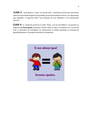 9
CLASE 3. Se proyecta el video “La vida de Juan”, la profesora orienta los comentarios
sobre losestereotiposde género presentados, losalumnosredactaninforme con argumentos
que respaldan el siguiente título “Las conductas de Juan obedecen a una construcción
cultural”.
CLASE 4. La profesora presenta el video “Érase una vez otra María”|, los alumnos se
organizan en forma grupal y preparan informe sobre el video, lo comparan con “La vida de
Juan” y reescriben (se entregaran las indicaciones) la historia aplicando el concepto de
igualdad de género. Se propone dramatizar la propuesta.
 