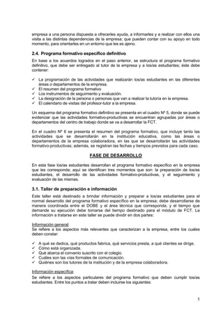 empresa a una persona dispuesta a ofrecerles ayuda, a informarles y a realizar con ellos una
visita a las distintas dependencias de la empresa; que pueden contar con su apoyo en todo
momento, para orientarles en un entorno que les es ajeno.

2.4. Programa formativo específico definitivo
En base a los acuerdos logrados en el paso anterior, se estructura el programa formativo
definitivo, que debe ser entregado al tutor de la empresa y a los/as estudiantes; éste debe
contener:

   La programación de las actividades que realizarán los/as estudiantes en las diferentes
   áreas o departamentos de la empresa.
   El resumen del programa formativo
   Los instrumentos de seguimiento y evaluación.
   La designación de la persona o personas que van a realizar la tutoría en la empresa.
   El calendario de visitas del profesor-tutor a la empresa.

Un esquema del programa formativo definitivo se presenta en el cuadro Nº 5, donde se puede
evidenciar que las actividades formativo-productivas se encuentran agrupadas por áreas o
departamentos del centro de trabajo donde se va a desarrollar la FCT.

En el cuadro Nº 6 se presenta el resumen del programa formativo, que incluye tanto las
actividades que se desarrollarán en la institución educativa, como las áreas o
departamentos de la empresa colaboradora, en las que se desarrollarán las actividades
formativo-productivas; además, se registran las fechas y tiempos previstos para cada caso.

                               FASE DE DESARROLLO

En esta fase los/as estudiantes desarrollan el programa formativo específico en la empresa
que les corresponda; aquí se identifican tres momentos que son: la preparación de los/as
estudiantes, el desarrollo de las actividades formativo-productivas, y el seguimiento y
evaluación de las mismas.

3.1. Taller de preparación e información
Este taller está destinado a brindar información y preparar a los/as estudiantes para el
normal desarrollo del programa formativo específico en la empresa; debe desarrollarse de
manera coordinada entre el DOBE y el área técnica que corresponda, y el tiempo que
demande su ejecución debe tomarse del tiempo destinado para el módulo de FCT. La
información a tratarse en este taller se puede dividir en dos partes:

Información general:
Se refiere a los aspectos más relevantes que caracterizan a la empresa, entre los cuales
deben constar:

   A qué se dedica, qué productos fabrica, qué servicios presta, a qué clientes se dirige.
   Cómo está organizada.
   Qué abarca el convenio suscrito con el colegio.
   Cuáles son las vías formales de comunicación.
   Quiénes son los tutores de la institución y de la empresa colaboradora.

Información específica:
Se refiere a los aspectos particulares del programa formativo que deben cumplir los/as
estudiantes. Entre los puntos a tratar deben incluirse los siguientes:



                                                                                             5
 