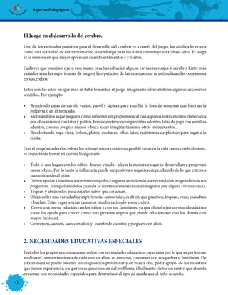 Aspectos Pedagógicos




     El Juego en el desarrollo del cerebro.

     Uno de los estímulos positivos para el desarrollo del cerebro es a través del juego, los adultos lo vemos
     como una actividad de entretenimiento sin embargo para los niños constituye un trabajo serio. El juego
     es la manera en que mejor aprenden cuando están entre 4 y 5 años.

     Cada vez que los niños oyen, ven, tocan, prueban o huelen algo, se envían mensajes al cerebro. Entre más
     variadas sean las experiencias de juego y la repetición de las mismas más se estimularan las conexiones
     en su cerebro.

     Estos son los años en que más se debe fomentar el juego imaginario ofreciéndoles algunos accesorios
     sencillos. Por ejemplo:

     •	 Reuniendo cajas de cartón vacías, papel y lápices para escribir la lista de compras que hará en la
        pulpería o en el mercado.
     •	 Motivándolos a que jueguen como si fueran un grupo musical con algunos instrumentos elaborados
        por ellos mismos con latas y palitos, botes de refresco con piedritas adentro, latas de jugo con semillas
        adentro, con sus propias manos y boca tocar imaginariamente otros instrumentos.
     •	 Recolectando ropa vieja, bolsos, platos, cucharas, ollas, latas, recipientes de plástico para jugar a la
        casita.

     Con el propósito de ofrecerles a los niños el mejor comienzo posible tanto en la vida como cerebralmente,
     es importante tomar en cuenta lo siguiente:

     •	 Todo lo que hagan con los niños –bueno y malo– afecta la manera en que se desarrollan y progresan
        sus cerebros. Por lo tanto la influencia puede ser positiva o negativa, dependiendo de lo que estemos
        transmitiendo al niño.
     •	 Deben ayudar a los niños a sentirse tranquilos y seguros atendiendo sus necesidades, respondiendo sus
        preguntas, tranquilizándolos cuando se sientan atemorizados e inseguros por alguna circunstancia.
     •	 Toquen y abrásenlos para dejarles saber que los aman.
     •	 Ofrézcanles una variedad de experiencias sensoriales, es decir, que prueben, toquen, vean, escuchan
        y huelan. Estas experiencias causaran mucho estimulo a su cerebro.
     •	 Creen una buena relación con los niños y con sus familiares, ya que ellos forjan un vinculo afectivo
        y eso les ayuda para crecer como una persona segura que puede relacionarse con los demás con
        mayor facilidad.
     •	 Conversen, canten, lean con ellos y cuéntenle cuentos y jueguen con ellos.



     2. NECESIDADES EDUCATIVAS ESPECIALES
     En todos los grupos encontraremos niños con necesidades educativas especiales por lo que es pertinente
     analizar el comportamiento de cada uno de ellos, su entorno, conversar con sus padres o familiares. De
     esta manera se puede obtener un diagnóstico preliminar y en base a ello, pedir apoyo de los maestros
     que tienen experiencia, o a personas que conocen del problema, idealmente visitar un centro que atiende
     personas con necesidades especiales para determinar el tipo de ayuda que el niño necesita.

10
 
