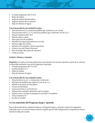 •	   25 audio programas: del 52 al 76
•	   Hojas de trabajo
•	   Juego de tarjetas del abecedario
•	   Juego de tarjetas de los números
•	   Hoja de informe de logros.

Con el desarrollo de esta unidad los niños:
•	 Traza las letras O, U y menciona palabras que comienzan con vocales
•	 Traza las letras M,P, L, S, T y menciona palabras que comienzan con M, P, y L
•	 Traza los números del 5 al 9
•	 Mezcla colores y pinta
•	 Hace ejercicios de equilibrio
•	 Identifica las fi guras geométricas en el aula.
•	 Práctica reglas de cortesía
•	 Identifi ca los símbolos y héroes nacionales.
•	 Canta el coro del Himno Nacional
•	 Dice el nombre del centro de educativo
•	 Cuida su centro

Unidad 4. Plantas y Animales

Propósito: Los niños y las niñas adquirirán conocimientos de ciencias naturales a partir de su entorno.
Se desarrolla mediante el uso de los siguientes materiales.
•	 29 audio programas: del 77 al 105
•	 Lámina número3 y 4
•	 Hojas de trabajo
•	 Hoja de informe de logros.

Con el desarrollo de esta unidad los niños:
•	 Traza las letras m, p, l, s, t mayúscula y minúscula
•	 Menciona las palabras que empiecen con m, p, l, s, t.
•	 Identifi ca las partes de una planta
•	 Conoce las hortalizas
•	 Conoce las frutas y sus benefi cios
•	 Diferencia los animales domésticos de los salvajes
•	 Expresa como y porque se protegen los animales y las plantas.
•	 Traza el número 10
•	 Escribe su nombre

4.1 Los materiales del Programa Juego y Aprendo

Para el desarrollo de las unidades temáticas, el Programa Juego y Aprendo contiene los siguientes
materiales, que si se usan de manera efectiva, logrará que los niños adquieran las competencias básicas
durante la etapa pre escolar.


                                                                                                          15
 