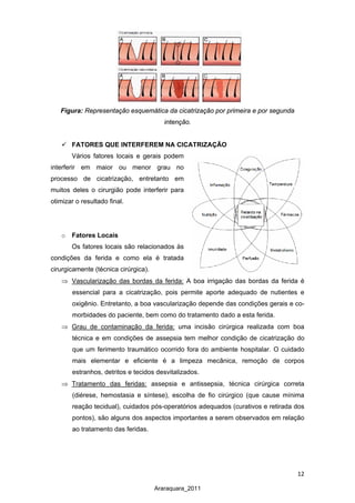 12
Araraquara_2011
Figura: Representação esquemática da cicatrização por primeira e por segunda
intenção.
 FATORES QUE INTERFEREM NA CICATRIZAÇÃO
Vários fatores locais e gerais podem
interferir em maior ou menor grau no
processo de cicatrização, entretanto em
muitos deles o cirurgião pode interferir para
otimizar o resultado final.
o Fatores Locais
Os fatores locais são relacionados às
condições da ferida e como ela é tratada
cirurgicamente (técnica cirúrgica).
⇒ Vascularização das bordas da ferida:
⇒
A boa irrigação das bordas da ferida é
essencial para a cicatrização, pois permite aporte adequado de nutientes e
oxigênio. Entretanto, a boa vascularização depende das condições gerais e co-
morbidades do paciente, bem como do tratamento dado a esta ferida.
Grau de contaminação da ferida:
⇒
uma incisão cirúrgica realizada com boa
técnica e em condições de assepsia tem melhor condição de cicatrização do
que um ferimento traumático ocorrido fora do ambiente hospitalar. O cuidado
mais elementar e eficiente é a limpeza mecânica, remoção de corpos
estranhos, detritos e tecidos desvitalizados.
Tratamento das feridas: assepsia e antissepsia, técnica cirúrgica correta
(diérese, hemostasia e síntese), escolha de fio cirúrgico (que cause mínima
reação tecidual), cuidados pós-operatórios adequados (curativos e retirada dos
pontos), são alguns dos aspectos importantes a serem observados em relação
ao tratamento das feridas.
 