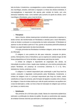 9
Araraquara_2011
leito da ferida. A bradicinina, a prostaglandina e outros mediadores químicos oriundos
dos macrófagos, ativados, estimulam a migração e a mitose das células endoteliais. A
neo-angiogênese é responsável não apenas pela nutrição do tecido, com uma
demanda metabólica maior, como também pelo aumento do aporte de células, como
macrófagos e fibroblastos, para o local da ferida.
o Fibroplasia
Após o trauma, células mesenquimais normalmente quiescentes e esparsas no
tecido normal, são transformadas em fibroblastos e atraídas para o local inflamatório,
onde se dividem e produzem os componentes da matriz extracelular. O fibroblasto só
aparece no sítio da lesão a partir do 3º dia, quando os leucócitos polimorfonucleares já
fizeram seu papel higienizador da área traumatizada.
A função primordial dos fibroblastos é sintetizar colágeno, ainda na fase celular
da inflamação.
O colágeno é uma proteína de alto peso molecular, composta de glicina,
prolina, hidroxiprolina, lisina e hidroxilisina, que se organiza em cadeias longas de três
feixes polipeptídicos em forma de hélice, responsáveis pela força da cicatriz.
A síntese de colágeno é dependente da oxigenação das células, da
hidroxilação da prolina e lisina, reação essa mediada por uma enzima produzida pelo
próprio fibroblasto, em presença de co-enzimas (vitaminas A, C e E), ferro,
testosterona, tiroxina, proteínas e zinco.
O colágeno é o material responsável pela sustentação e pela força tensil da
cicatriz, produzido e degradado continuamente pelos fibroblastos. Inicialmente, a
síntese de colágeno novo é a principal responsável pela força da cicatriz, sendo
substituída ao longo de semanas, pela formação de ligações cruzadas entre os feixes
de colágeno. A taxa de síntese declina por volta de quatro semanas e se equilibra com
a taxa de destruição e, então, se inicia a fase de maturação do colágeno que continua
por meses, ou mesmo anos.
o Epitelização
Nas primeiras 24 a 36 horas após a lesão, fatores de crescimento epidérmicos
estimulam a proliferação de células do epitélio. Na pele os ceratinócitos são capazes
de sintetizar diversas citocinas que estimulam a cicatrização das feridas cutâneas.
 