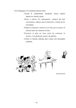 Fase Pedagógica: El estudiante-docente debe:
            - Utilizar la     indumentaria     apropiada    (mono, zapatos
                deportivos, franela, gorra).
            - Portar y utilizar los instrumentos           propios del área
                (cronómetro, silbato), para la dirección y control de las
                actividades
            - Prepara el material a utilizar en la clase por lo menos 10
                minutos antes de comenzar la clase.
            - Presentar el plan de clase antes de comenzar la
                misma, a los profesores asesor y de práctica.
            - Utilizar el formato indicado para evaluar este desempeño
                (I/EOFP).




                                                               (Formato (I/OAF)




                                69
 