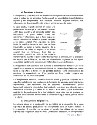 P á g i n a 4 | 37
b) Cambio en la textura.
La temperatura y la velocidad de deshidratación ejercen un efecto determinante
sobre la textura de los alimentos. Por lo general, las velocidades de deshidratación
rápidas y las temperaturas más elevadas provocan mayores cambios, que
velocidades de deshidratación más lentas y temperaturas más bajas.
El tejido celular, vegetal o animal, en estado vivo
presenta una firmeza típica. Las paredes celulares
están bajo tensión y el contenido celular bajo
compresión. La pared celular posee una
resistencia y elasticidad, que la hace capaz de
admitir determinados esfuerzos y volver después
a su estado original. Pero superado un cierto
límite, la modificación de la estructura se hace
irreversible. Al cesar la fuerza causante de la
deformación, la célula no regresa a su estado
original libre de tensiones. Este tipo de
deformación plástica se produce, en mayor o
menor medida, cuando se desecan tejidos vegetales o animales, con la excepción
del secado por liofilización, en que las dimensiones originales de los tejidos
congelados rápidamente se conservan inalteradas después del secado.
La evaporación del agua hace que aumente la concentración de los solutos en la
superficie, el agua de las soluciones diluidas de las capas más profundas se mueve
hacia la superficie, a través de las paredes celulares como consecuencia del
gradiente de concentraciones. Esta pérdida de fluido celular provoca una
contracción del volumen de la célula.
Las temperaturas elevadas, provocan cambios físicos y químicos complejos en la
superficie del alimento que conducen a la formación de una capa superficial dura e
impenetrable. Este fenómeno, que se denomina “acortezamiento” (“case
hardening”), reduce la velocidad de deshidratación y da lugar a un alimento que es
seco en la superficie y húmedo en su interior. Este efecto puede minimizarse
controlando los parámetros de la deshidratación para evitar que se produzca un
gradiente excesivamente elevado entre el contenido en agua de la superficie interior
y el interior.
c) Encogimiento del producto.
La primera etapa en la contracción de los tejidos es la depresión de la capa
superficial de células, produciendo un encogimiento hasta un núcleo húmedo e
incompresible. A medida que prosigue el secado, las células de las capas
superficiales se aplastan cada vez más. Continuando el secado, el encogimiento o
 