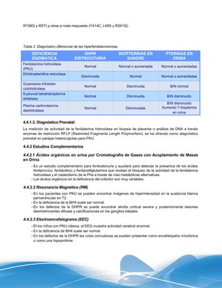 R158Q y I65T) y otras a mala respuesta (Y414C, L48S y R261Q).




Tabla 2. Diagnóstico diferencial de las hiperfenilalaninemias.
     DEFICIENCIA                     DHPR                        BIOPTERINAS EN              PTERINAS EN
     ENZIMATICA                  ERITROCITARIA                      SANGRE                      ORINA
Fenilalanina hidroxilasa
                                        Normal                   Normal o aumentada       Normal o aumentadas
(PKU)
Dihidropteridina reductasa
                                     Disminuida                       Normal              Normal o aumentadas

Guanosina trifosfato
                                        Normal                       Disminuida                 B/N normal
ciclohidrolasa
6-piruvoil tetrahidropterina
                                        Normal                       Disminuida               B/N disminuido
sintetasa
                                                                                             B/N disminuido
Pterina carbinolamina                                                                      Aumento 7‐biopterina
                                        Normal                      Disminuidas
deshidratasa
                                                                                                en orina

4.4.1.3. Diagnóstico Prenatal:
La medición de actividad de la fenilalanina hidroxilasa en biopsia de placenta o análisis de DNA a través
enzimas de restricción RFLP (Restricted Fragments Length Polymorfism), se ha ofrecido como diagnóstico
prenatal en parejas heterocigotas para PKU.

4.4.2 Estudios Complementarios

4.4.2.1 Ácidos orgánicos en orina por Cromatografía de Gases con Acoplamiento de Masas
en Orina
     - Es un estudio complementario para fenilcetonuria y ayudará para detectar la presencia de los ácidos
       fenilpirúvico, fenilacético y fenilacetilglutamina que revelan el bloqueo de la actividad de la fenilalanina
       hidroxilasa y el catabolismo de la Phe a través de vías metabólicas alternativas.
     - Los ácidos orgánicos en la deficiencia del cofactor son muy variables.

4.4.2.2 Resonancia Magnética (RM)
     - En los pacientes con PKU se pueden encontrar imágenes de hiperintensidad en la sustancia blanca
       periventricular en T2.
     - En la deficiencia de la BH4 suele ser normal.
     - En los defectos de la DHPR se puede encontrar atrofia cortical severa y posteriormente lesiones
       desmielinizantes difusas y calcificaciones en los ganglios básales.

4.4.2.3 Electroencefalograma (EEC)
     - El los niños con PKU clásica, el EEG muestra actividad cerebral anormal.
     - En la deficiencia de BH4 suele ser normal.
     - En los defectos de la DHPR las crisis convulsivas se pueden presentar como encefalopatía mioclónica
       o como una hipsiarritmia.
 