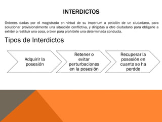 INTERDICTOS
Ordenes dadas por el magistrado en virtud de su imperium a petición de un ciudadano, para
solucionar provisionalmente una situación conflictiva, y dirigidas a otro ciudadano para obligarle a
exhibir o restituir una cosa, o bien para prohibirle una determinada conducta.
Tipos de Interdictos
Adquirir la
posesión
Retener o
evitar
perturbaciones
en la posesión
Recuperar la
posesión en
cuanto se ha
perddo
 