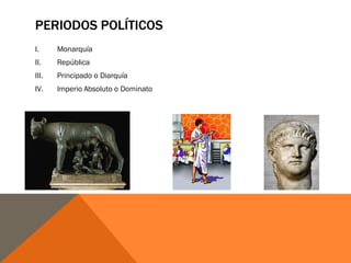 PERIODOS POLÍTICOS
I. Monarquía
II. República
III. Principado o Diarquía
IV. Imperio Absoluto o Dominato
 