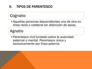 II. TIPOS DE PARENTESCO
Cognatio
•Aquellas personas descendientes una de otra en
línea recta o colateral sin distinción de sexos.
Agnatio
•Parentesco civil fundado sobre la autoridad
paternal o marital. Parentesco única y
exclusivamente por línea paterna.
 