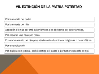 VII. EXTINCIÓN DE LA PATRIA POTESTAD
Por la muerte del padre
Por la muerte del hijo
Adopción del hijo por otro paterfamilias o la adrogatio del paterfamilias.
Por casarse una hija cum manu
El nombramiento del hijo para ciertas altas funciones religiosas o burocráticas.
Por emancipación
Por disposición judicial, como castigo del padre o por haber expuesto al hijo.
 