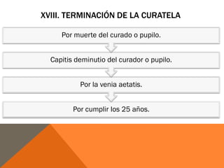 XVIII. TERMINACIÓN DE LA CURATELA
Por cumplir los 25 años.
Por la venia aetatis.
Capitis deminutio del curador o pupilo.
Por muerte del curado o pupilo.
 