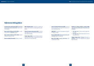 Tomo I. Guía práctica para entender los productos de comercio exterior bancariosGuía financiera para empresas exportadoras
6362
Referencias bibliográficas
Asscodes & Asmer Internacional (1999). Instrumentos
financieros del comercio internacional. Madrid: Funda-
ción Cofemetal.
Banco Central de Reserva del Perú (2010). «La cober-
tura cambiaria: los forwards de divisas».
Banco Central de Reserva del Perú (2013). Resumen
informativo semanal 01-2013.
Banco de Crédito del Perú (2013). «Modelo LC Export».
BBVA Continental (2011). «Productos de cobertura de
tipo de cambio. División de mercados globales y distri-
bución».
Cámara de Comercio Internacional (2010). «Incoterms
2010. Reglas para el uso de términos comerciales nacio-
nales e internacionales».
Cabello, Miguel (2012). «Formas de pago y financia-
miento de comercio exterior». Apuntes de clase. Univer-
sidad Peruana de Ciencia Aplicadas.
Centro de Comercio Internacional (2000). Glosario de
términos financieros y de negocios del Centro de Co-
mercio Internacional (CCI).
Cofide (2011). Presentación de los programas de garan-
tía Sepymex y Fogem.
Marcurse, Robert (2005). Operaciones bancarias inter-
nacionales. Bogotá: Ecoe Ediciones.
Malca, Óscar (2008). Comercio internacional. Lima:
Universidad del Pacífico.
Ministerio de Comercio Exterior y Turismo (2006).
Guía comercial y crediticia para el usuario del comer-
cio exterior:
•	 Pepe Mype serie 4: Formas y medio de pago inter-
nacionales
•	 Pepe Mype serie 5: Modalidades de financiamiento
a las exportaciones
Vásquez, Fabrizio (2011). Factoring Internacional y
forfaiting. Ponencia para exportadores por parte del
Banco Financiero.
 