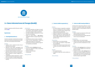 Presenta los siguientes productos financieros clasifica-
dos por Comex:
Exportaciones
1.	 Factoring internacional (+)
Se brinda al exportador la administración de cobranzas
de facturas en el exterior y el anticipo parcial de sus fac-
turas, como una herramienta de financiamiento.
Beneficios
•	 Liquidez al recibir el adelanto de hasta el 80 por
ciento del valor de la factura.
•	 Seguridad, al tener cubierto o garantizado el 100
por ciento de cuentas por cobrar de exportación, en
caso de insolvencia financieras del comprador.
•	 Evaluación experta de deudores a costo cero, reali-
zada en forma previa al envío de las mercaderías.
•	 Eficiente cobranza en el exterior, realizada por co-
rresponsales.
•	 Competitividad mediante otorgamiento a compra-
dores en el extranjero de mayores plazos de pago.
•	 No requiere contar con una línea de crédito de pos-
embarque.
Características
•	 Ser empresa exportadora que trabaje con exporta-
ciones directas a plazo (modalidad «cuenta abier-
ta») y quiera anticipar sus flujos de exportación.
•	 Ser cliente del BanBif con experiencia de al menos
tres años como exportador.
•	 Ventas con «cuenta abierta» u «open account»
(transferencia directa) con plazos de pago de hasta
90 días.
•	 Las exportaciones deben ser bienes no perecibles.
•	 Contar con buen comportamiento o historial de
cumplimiento de pago de sus exportaciones.
•	 No debe existir vinculación o parentesco alguno en-
tre el exportador y el importador.
Requisitos
•	 Firma del contrato de factoring internacional.
•	 Copia de los originales de todos los documentos
propios del embarque.
•	 Copia de la orden de compra.
•	 Carta/solicitud.
Tasas y tarifas (+)
2.	 Cartas de crédito de exportación (+)
Beneficios
•	 Este medio de pago le da seguridad al exportador,
ya que si las condiciones de la carta de crédito se
cumplen en su totalidad, tendrá la certeza de recibir
el pago, producto de su exportación.
•	 Asesoría con especialistas de comercio exterior.
•	 Plataforma electrónica por Internet BIFtrade, que
permite realizar consultas, recibir directamente las
cartas de crédito que lleguen del exterior y hacer se-
guimiento a estas.
Características
•	 Moneda: dólares u otra moneda extranjera.
•	 Forma de pago: vista (contado) o a plazo (acepta-
ción o pago diferido).
•	 Cobertura: sobre cualquier plaza extranjera gracias
a nuestra red de bancos corresponsales en el exte-
rior.
Requisitos
•	 Ser un exportador formal.
•	 De preferencia, deberá tener cuenta corriente en el
BanBif.
Tasas y tarifas (+)
3.	 Cartas de crédito stand by recibidas (+)
Garantía bancaria internacional emitida por un banco
del exterior con propósito específico (para garantizar
facilidades crediticias o contra garantizar la emisión de
garantías locales).
Beneficios
•	 Debido al respaldo que proporciona, facilita opera-
ciones financieras y/o comerciales.
•	 Es un instrumento financiero de rápida y segura eje-
cución en caso de incumplimiento.
Características
•	 Moneda: dólares u otra moneda extranjera.
•	 Cobertura: sobre cualquier plaza extranjera gracias
a nuestra red de bancos corresponsales en el exte-
rior.
Requisitos
•	 La carta de crédito stand by deberá ser emitida por
un banco de primera categoría o por un banco cali-
ficado por el BanBif.
•	 El texto de la carta de crédito stand by deberá ser
validado por la División de Negocios Internaciona-
les, y de requerirse la emisión de una garantía local,
el texto deberá contar con el visto bueno de depar-
tamento de Asesoría Legal del BanBif.
Tasas y tarifas (+)
1.4	 Banco Interamericano de Finanzas (BanBif)
Banco Interamericano de Finanzas
Tomo II. Oferta de productos de comercio exterior de las entidades bancariasGuía financiera para empresas exportadoras
3534
 