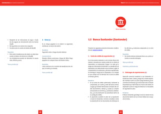 •	 Recepción de las instrucciones de pago a través
de vías seguras de comunicación entre los bancos
(Swift).
•	 No hay límite en el monto de la recepción.
•	 Se abona solo en cuenta de clientes del BanBif.
Requisitos
•	 Para recibir transferencias del exterior se debe tener
cuenta corriente o de ahorros en el BanBif.
•	 Las transferencias pueden ser abonadas en nuevos
soles, dólares y euros.
Tasas y tarifas (+)
3.	 Giros (+)
Es un cheque pagadero en el exterior no negociable,
emitido por un banco del exterior.
Beneficios
Seguridad: evita el riesgo de portar efectivo.
Características
Moneda: dólares americanos, cheque del Wells Fargo,
pagadero en cualquier banco de Estados Unidos.
Requisitos
Llenar solicitud con el nombre del beneficiario del che-
que, el monto y la moneda.
Tasas y tarifas (+)
Presenta los siguientes productos financieros clasifica-
dos por comercio exterior:
1.	 Carta de crédito de exportación (+)
Es el instrumento mediante el cual el emisor (banco del
exterior), actuando por cuenta y orden de su cliente (el
importador), se compromete a pagar a la vista y/o a
plazos por intermedio de Santander a un beneficiario (el
exportador) una determinada suma de dinero, sujeta al
cumplimiento de condiciones y términos especificados.
Se minimiza el riesgo para el exportador, en la medida
en que cumpla con los términos de la carta de crédito
en tiempo y forma.
Beneficios
•	 En las cartas de crédito confirmadas, Santander se
compromete, por cuenta y orden del banco emisor,
a pagar y/o atender liberaciones al amparo del cré-
dito documentario, siempre y cuando se cumplan
estrictamente los términos y condiciones estableci-
dos, y la documentación sea presentada dentro de
la validez del crédito.
•	 El exportador accederá al cobro de su exportación
a través de Santander, de forma inmediata contra
la presentación de los documentos de embarque en
los términos y condiciones estipuladas en la carta
de crédito.
Requisitos
•	 Ser cliente de Banco Santander.Tener una cuenta co-
rriente en moneda extranjera.
Tasas y tarifas (+)
Contratos y solicitudes (+)
2.	 Cobranzas de exportaciones (+)
Operación comercial mediante la cual Santander, ac-
tuando por orden, cuenta y riesgo de su cliente exporta-
dor, tramita el cobro a la vista o plazo de efectos y/o do-
cumentos de embarque y/o comerciales ante un deudor
(importador) por intermedio de un banco del exterior. El
exportador asume el riesgo de embarcar la mercadería
sin seguridad de cobro.
Beneficios
El Banco Santander garantiza el envío al exterior de los
documentos dentro de las 24 horas hábiles de la recep-
ción de estos.
1.5	 Banco Santander (Santander)
Banco Santander
Tomo II. Oferta de productos de comercio exterior de las entidades bancariasGuía financiera para empresas exportadoras
4140
 