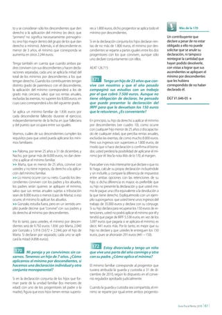 to y se consideran sólo los descendientes que den       res a 1.800 euros, dicho progenitor se aplica todo el            Más de la 170
derecho a la aplicación del mínimo (es decir, que       mínimo por descendientes.
“primero” no significa necesariamente primogéni-                                                                 Un contribuyente que
to, sino hijo mayor dentro del grupo de los que dan     Si en la declaración conjunta los hijos declaran ren-    declare a pesar de no estar
derecho a mínimo). Además, si el descendiente es        tas de no más de 1.800 euros, el mínimo por des-         obligado a ello no puede
menor de 3 años, el mínimo que corresponda se           cendientes se reparte a partes iguales entre los dos     solicitar que se anule su
aumenta en otros 2.244 euros.                           progenitores con los que conviven, aunque sólo           declaración, ni tampoco
                                                        uno declare conjuntamente con ellos.                     reintegrar la cantidad que
Tenga también en cuenta que cuando ambos pa-                                                                     hayan podido devolverle,
dres conviven con sus descendientes y hacen decla-      AEAT 126.715                                             con vistas a lograr que sus
raciones separadas, cada uno se aplica la mitad del                                                              ascendientes se apliquen el
total de los mínimos por descendientes a los que                                                                 mínimo por descendientes
tengan derecho. Cuando los contribuyentes tengan         171 Tengo un hijo de 23 años que con-                   que les hubiera
distinto grado de parentesco con el descendiente,       vive con nosotros y que el año pasado                    correspondido de no haber
la aplicación del mínimo corresponderá a los de         compaginó sus estudios con un trabajo                    declarado él.
grado más cercano, salvo que sus rentas anuales,        por el que cobró 7.500 euros. Aunque no
excluidas las exentas, no superen los 8.000 euros, en   tiene obligación de declarar, he pensado                 DGT V1.646-05    n
cuyo caso corresponderá a los del siguiente grado.      que puede presentar la declaración del
                                                        IRPF para que le devuelvan los 150 euros
Se aplica un mínimo familiar de 1.836 euros por         que le retuvieron. ¿Es conveniente?
cada descendiente fallecido durante el ejercicio,
independientemente de la fecha en que falleciera        En principio, su hijo da derecho a aplicar el mínimo
y del puesto que ocupara entre sus iguales.             por descendientes (ver cuadro 10), como ocurre
                                                        con cualquier hijo menor de 25 años o discapacita-
Veamos, cuáles de sus descendientes cumplen los         do de cualquier edad, que perciba rentas anuales,
requisitos para que usted pueda aplicarse los míni-     excluidas las exentas, de como mucho 8.000 euros.
mos familiares:                                         Pero sus ingresos son superiores a 1.800 euros, de
                                                        modo que si hace declaración o confirma el borra-
>> Paloma, por tener 25 años a 31 de diciembre, y       dor, usted perderá la posibilidad de aplicarse el mí-
Nacho, por ganar más de 8.000 euros, no dan dere-       nimo por él. Vea la nota Más de la 170, al margen.
cho a aplicar el mínimo familiar.
>> Marta, que es menor de 25 años, convive con          Para saber si es más interesante que declare o que no
ustedes y no tiene ingresos, da derecho a la aplica-    lo haga, calcule su propia declaración incluyéndole
ción del mínimo familiar.                               y sin incluirle, y compare la diferencia de impuestos
>> Lo mismo ocurre con su nieto. Cuando los des-        entre ambas opciones con las retenciones de su
cendientes conviven con los padres y los abuelos,       hijo; si dicha diferencia es mayor, es preferible que
los padres serán quienes se apliquen el mínimo,         su hijo no presente la declaración y que usted mis-
salvo que sus rentas anuales sujetas a tributación      mo le pague una cifra equivalente a la devolución a
sean de 8.000 euros o menos (caso de Marta); si eso     la que tiene derecho. Expliquémoslo con un ejem-
ocurre, el mínimo lo aplican los abuelos.               plo: supongamos que usted tiene unos ingresos del
>> Gonzalo, estudia fuera, pero en un sentido am-       trabajo de 35.000 euros y declara con su cónyuge.
plio puede decirse que “convive” con sus padres y       Si su hijo declara para recuperar los 150 euros de re-
da derecho al mínimo por descendientes.                 tenciones, usted no podrá aplicar el mínimo por él y
                                                        tendrá que pagar de IRPF 5.538 euros, en vez de los
Por lo tanto, para ustedes, el mínimo por descen-       5.097 euros que pagaría si se aplicara el mínimo; es
dientes será de 9.792 euros: 1.836 por Marta, 2.040     decir, 441 euros más. Por lo tanto, es mejor que su
por Gonzalo y 5.916 (3.672 + 2.244) por el hijo de      hijo no declare y que ustedes le entreguen los 150
Marta. Si declaran por separado, cada uno se apli-      euros, pues se ahorrarán 291 euros (441 – 150).
cará la mitad (4.896 euros).
                                                         172 Estoy divorciada y tengo un niño
 170 Mi pareja y yo convivimos sin ca-                  que vive una parte del año conmigo y otra
sarnos. Tenemos un hijo de 7 años. ¿Cómo                con su padre. ¿Cómo aplico el mínimo?
aplicamos el mínimo por descendientes, si
hacemos una declaración individual y otra               El mínimo familiar corresponde al progenitor que
conjunta monoparental?                                  tuviera atribuida la guarda y custodia a 31 de di-
                                                        ciembre de 2010, según lo dispuesto en el conve-
Si en la declaración conjunta de los hijos que for-     nio regulador aprobado judicialmente.
man parte de la unidad familiar (los menores de
edad) con uno de los progenitores (el padre o la        Cuando la guarda y custodia sea compartida, el mí-
madre), figura que esos hijos tienen rentas superio-    nimo se reparte por igual entre ambos progenito-


                                                                                                                        Guía Fiscal Renta 2010   | 61 |
 