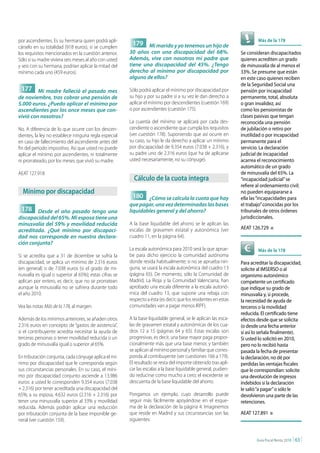 por ascendientes. Es su hermana quien podrá apli-                                                                        Más de la 178
cárselo en su totalidad (918 euros), si se cumplen
                                                         179 Mi marido y yo tenemos un hijo de
los requisitos mencionados en la cuestión anterior.     30 años con una discapacidad del 68%.                    Se consideran discapacitados
Sólo si su madre viviera seis meses al año con usted    Además, vive con nosotros mi padre que                   quienes acrediten un grado
y seis con su hermana, podrían aplicar la mitad del     tiene una discapacidad del 45%. ¿Tengo                   de minusvalía de al menos el
mínimo cada uno (459 euros).                            derecho al mínimo por discapacidad por                   33%. Se presume que están
                                                        alguno de ellos?                                         en este caso quienes reciben
                                                                                                                 de la Seguridad Social una
 177 Mi madre falleció el pasado mes                    Sólo podrá aplicar el mínimo por discapacidad por        pensión por incapacidad
de noviembre, tras cobrar una pensión de                su hijo y por su padre si a su vez le dan derecho a      permanente, total, absoluta
5.000 euros. ¿Puedo aplicar el mínimo por               aplicar el mínimo por descendientes (cuestión 169)       o gran invalidez, así
ascendientes por los once meses que con-                o por ascendientes (cuestión 175).                       como los pensionistas de
vivió con nosotros?                                                                                              clases pasivas que tengan
                                                        La cuantía del mínimo se aplicará por cada des-          reconocida una pensión
No. A diferencia de lo que ocurre con los descen-       cendiente o ascendiente que cumpla los requisitos        de jubilación o retiro por
dientes, la ley no establece ninguna regla especial     (ver cuestión 178). Suponiendo que así ocurre en         inutilidad o por incapacidad
en caso de fallecimiento del ascendiente antes del      su caso, su hijo le da derecho a aplicar un mínimo       permanente para el
fin del periodo impositivo. Así que usted no puede      por discapacidad de 9.354 euros (7.038 + 2.316), y       servicio. La declaración
aplicar el mínimo por ascendientes, ni totalmente       su padre uno de 2.316 euros (que ha de aplicarse         judicial de incapacidad
ni prorrateado, por los meses que vivió su madre.       usted necesariamente, no su cónyuge).                    acarrea el reconocimiento
                                                                                                                 automático de un grado
AEAT 127.918                                                                                                     de minusvalía del 65%. La
                                                          cálculo de la cuota íntegra                            “incapacidad judicial” se
                                                                                                                 refiere al ordenamiento civil;
  Mínimo por discapacidad                                                                                        no pueden equipararse a
                                                         180 ¿Cómo se calcula la cuota que hay                   ella las “incapacidades para
                                                        que pagar, una vez determinadas las bases                el trabajo” conocidas por los
 178 Desde el año pasado tengo una                      liquidables general y del ahorro?                        tribunales de otros órdenes
discapacidad del 65%. Mi esposa tiene una                                                                        jurisdiccionales.
minusvalía del 59% y movilidad reducida                 A la base liquidable del ahorro se le aplican las
acreditada. ¿Qué mínimo por discapaci-                  escalas de gravamen estatal y autonómica (ver            AEAT 126.729    n

dad nos corresponde en nuestra declara-                 cuadro 11, en la página 64).
ción conjunta?
                                                        La escala autonómica para 2010 será la que aprue-                Más de la 178
Si se acredita que a 31 de diciembre se sufría la       be para dicho ejercicio la comunidad autónoma
discapacidad, se aplica un mínimo de 2.316 euros        donde resida habitualmente; si no se aprueba nin-        Para acreditar la discapacidad,
(en general) o de 7.038 euros (si el grado de mi-       guna, se usará la escala autonómica del cuadro 13        solicite al IMSERSO o al
nusvalía es igual o superior al 65%); estas cifras se   (página 65). De momento, sólo la Comunidad de            organismo autonómico
aplican por entero, es decir, que no se prorratean      Madrid, La Rioja y la Comunidad Valenciana, han          competente un certificado
aunque la minusvalía no se sufriera durante todo        aprobado una escala diferente a la escala autonó-        que indique su grado de
el año 2010.                                            mica del cuadro 13, que supone una rebaja con            minusvalía y, si procede,
                                                        respecto a ésta (es decir, que los residentes en estas   la necesidad de ayuda de
Vea las notas Más de la 178, al margen.                 comunidades van a pagar menos IRPF).                     terceros o la movilidad
                                                                                                                 reducida. El certificado tiene
Además de los mínimos anteriores, se añaden otros       A la base liquidable general, se le aplican las esca-    efectos desde que se solicita
2.316 euros en concepto de “gastos de asistencia”,      las de gravamen estatal y autonómicas de los cua-        (o desde una fecha anterior
si el contribuyente acredita necesitar la ayuda de      dros 12 a 15 (páginas 64 y 65). Estas escalas son        si así lo señala finalmente).
terceras personas o tener movilidad reducida o un       progresivas, es decir, una base mayor paga propor-       Si usted lo solicitó en 2010,
grado de minusvalía igual o superior al 65%.            cionalmente más que una base menor, y también            pero no lo recibió hasta
                                                        se aplican al mínimo personal y familiar que corres-     pasada la fecha de presentar
En tributación conjunta, cada cónyuge aplica el mí-     ponda al contribuyente (ver cuestiones 166 a 179).       la declaración, no dé por
nimo por discapacidad que le corresponda según          El resultado se resta del importe obtenido tras apli-    perdidas las ventajas fiscales
sus circunstancias personales. En su caso, el míni-     car las escalas a la base liquidable general, pudien-    que le correspondían: solicite
mo por discapacidad conjunto asciende a 13.986          do reducirse como mucho a cero; el excedente se          una devolución de ingresos
euros: a usted le corresponden 9.354 euros (7.038       descuenta de la base liquidable del ahorro.              indebidos si la declaración
+ 2.316) por tener acreditada una discapacidad del                                                               le salió “a pagar” o sólo le
65%; a su esposa, 4.632 euros (2.316 + 2.316) por       Pongamos un ejemplo, cuyo desarrollo puede               devolvieron una parte de las
tener una minusvalía superior al 33% y movilidad        seguir más fácilmente apoyándose en el esque-            retenciones.
reducida. Además podrán aplicar una reducción           ma de la declaración de la página 4. Imaginemos
por tributación conjunta de la base imponible ge-       que reside en Madrid y sus circunstancias son las        AEAT 127.891    n
neral (ver cuestión 159).                               siguientes:


                                                                                                                         Guía Fiscal Renta 2010   | 63 |
 