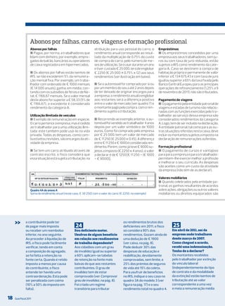 Abonos por falhas, carros, viagens e formação profissional
                    Abonos por falhas                                atribuição para uso pessoal do carro, o       Empréstimos
                    ■ Pagos, por norma, a trabalhadores que          rendimento anual corresponde ao resul-        ■ Os empréstimos concedidos por uma
                    lidam com dinheiro, por exemplo, empre-          tado da multiplicação de 0,75% do custo       empresa aos seus trabalhadores, sem ju-
                    gados de balcão, bancários ou operadores         de compra do carro, pelo número de me-        ros ou com taxa de juro reduzida, estão
                    de caixa registadora em hipermercados.           ses de utilização. Se o usar durante um ano   sujeitos a IRS como rendimento da cate-
                                                                     e tiver custado € 25 000, terá de englobar    goria A. Caso se destinem à compra de
                    ■ Os abonos por falhas estão isentos de          € 2250 (€ 25 000 × 0,75% × 12) aos seus       habitação própria e permanente de valor
                    IRS, se não excederem 5% da remunera-            rendimentos (ver ilustração em baixo).        inferior a € 134 675,43 e com taxa de juro
                    ção mensal fixa. Por exemplo, um traba-                                                        igual ou superior a 65% da taxa fixada pelo
                    lhador com ordenado de € 1000 mensais            ■ Se o automóvel for comprado por si ou       Banco Central Europeu para as principais
                    (€ 14 000 anuais), ganha, em média, con-         por um membro do seu a até 2 anos depois      operações de refinanciamento (1,25% a 9
                    tando com os subsídios de férias e de Na-        de ter deixado de originar encargos para      de novembro de 2011), não são tributados.
                    tal, € 1166,67 mensais. Se o valor mensal        a empresa, o rendimento anual a englobar
                    deste abono for superior a € 58,33 (5% de        aos restantes será a diferença positiva       Pagamento de viagens
                    € 1166,67), o excedente é considerado            entre o valor de mercado (ver quadro 7) e     ■ O pagamento pela entidade patronal de
                    rendimento da categoria A.                       o montante pago pela compra, com o ren-       viagens e estadas de turismo não relacio-
                                                                     dimento sujeito a tributação.                 nadas com as funções exercidas pelo tra-
                    Utilização ilimitada de veículos                                                               balhador ao serviço dessa empresa são
                    ■ Exemplo de remuneração em espécie.             ■ Recorrendo ao exemplo anterior, o au-       considerados rendimentos da categoria
                    O carro pertence à empresa, mas é cedido         tomóvel foi vendido ao trabalhador 4 anos     A. Logo, tem de ser incluído na declaração.
                    ao trabalhador para uma utilização ilimi-        depois por um valor simbólico de 1000         A entidade patronal, tal como para as ou-
                    tada: este também pode usá-lo na vida            euros. Como foi comprado pela empresa         tras situações referidas nesta caixa, deve
                    privada. Todas as despesas, como com-            por € 25 000, tem um valor de mercado         incluir os montantes sujeitos a imposto na
                    bustível ou revisões, são encargos da ati-       de € 11 250 (€ 25 000 × 0,45). A diferença    declaração de remunerações auferidas.
                    vidade da empresa.                               entre € 11 250 e € 1000 é considerada ren-
                                                                     dimento. Porém, como já teve € 9000 su-       Formação profissional
                    ■ Se tem um carro atribuído através de           jeitos a imposto (€ 2250 × 4 anos), o valor   ■ O pagamento de cursos é vantajoso
                    contrato escrito, o fisco considera que          a declarar é de € 1250 [€ 11 250 � (€ 1000    para para a empresa e para o trabalhador:
                    essa situação está sujeita a tributação: na      � € 9000)].                                   permitem-lhe exercer melhor a profissão
                                                                                                                   e melhorar o seu currículo. As despesas
                                                                                                                   são aceites como um custo da atividade
                                                                                                                   da empresa (não têm de as declarar).

                                                                                                                   Valores mobiliários
                                                                                                                   ■ Quando celebrados pela entidade pa-
                                                                                                                   tronal, os ganhos resultantes de acordos
                    Quadro 4A do anexo A                                                                           sobre ações, obrigações ou outros valores
                    soma do rendimento anual (neste caso, € 30 250) com o valor do carro (€ 2250, no exemplo)      mobiliários ou direitos equiparados são




     >>        o contribuinte pode ter
               de pagar mais imposto                  24
                                                                                           os rendimentos brutos dos
                                                                                           deficientes: em 2011, o fisco     25
               ou receber um reembolso               Sou deficiente motor.                 só considera 90% dos             Em abril de 2011, saí da
               inferior, no ano seguinte.            Usufruo de algum benefício            rendimentos. Gozam ainda de      empresa onde trabalhava
               Ao proceder à liquidação de           em relação aos rendimentos            uma dedução de € 1900            desde março de 2007.
               irS, o fisco pode facilmente          de trabalho dependente?               (ver caixa, na pág. 8).          Como cheguei a acordo,
               verificar, tendo em conta             Aos cidadãos com um grau              Pode deduzir 30% das             recebi uma indemnização.
               a composição do agregado,             de invalidez igual ou superior        despesas de educação e           Tenho de a declarar?
               se foi feita a retenção na            a 60% aplicam-se tabelas              reabilitação, devidamente        os montantes recebidos
               fonte certa. Quando é retido          de retenção na fonte mais             comprovadas, sem limite, e       pelo trabalhador por extinção
               imposto a menos por causa             baixas do que aos restantes           25% dos prémios de seguros       do vínculo laboral
               do contribuinte, o fisco              contribuintes. o grau de              de vida até 15% da coleta.       (independentemente do tipo
               entende ter havido uma                invalidez tem de estar                Para usufruir de benefícios      de contrato e da modalidade
               contraordenação. Esta pode            comprovado (ver Comprovar             no irS, indique o seu caso no    da extinção) estão isentos de
               ser penalizada com coima              grau de invalidez, na pág. 8).        quadro 3A do modelo 3 (ver       tributação até ao valor
               (10% a 50% do imposto em              Foi criado um regime                  figura na pág. 17) e o seu       correspondente a uma vez
               falta).                               transitório para tributar             rendimento total no quadro 4.    e meia a remuneração média

18   Guia Fiscal 2011
 