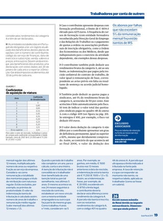 Trabalhadores por conta de outrem

                                                          ❯ Caso o contribuinte apresente despesas com       os abonos por falhas
                                                          formação profissional, o limite de € 4104 é
                                                                                                             que não excedam
                                                          elevado para 4275 euros. A frequência de cur-
considerados rendimentos da categoria                     sos de formação (com entidade formadora            5% da remuneração
A e têm de ser declarados.                                reconhecida pela Direcção-Geral do Emprego         mensal fixa estão
                                                          e das Relações do Trabalho) ou o pagamento
■ As entidades estabelecidas em Portu-                                                                       isentos de irS
                                                          de quotas a ordens ou associações profissio-
gal são obrigadas a ter um registo atuali-
                                                          nais de inscrição obrigatória, como a Ordem
zado dos beneficiários destes planos de
opções com o número de contribuinte,                      dos Economistas ou dos Médicos, desde que
código do serviço de finanças, data de                    indispensáveis para o exercício da atividade
exercício e subscrição, venda, valores e                  dependente, são exemplos dessas despesas.
preços, entre outros. Devem ainda entre-
gar aos beneficiários dos produtos uma                    ❯ O contribuinte também pode deduzir aos
declaração com estes dados até 20 de
                                                          rendimentos brutos da categoria A, até ao seu
janeiro de cada ano e a reportar à Direc-
ção-Geral dos Impostos os elementos até                   limite, as indemnizações que pagou pela res-
30 de junho de cada ano.                                  cisão unilateral do contrato de trabalho, de
                                                          valor igual à remuneração de base, corres-
                                                          pondente ao aviso prévio em falta ou resul-
                                                          tante de sentença ou acordo judicial homo-
QuAdro 7
                                                          logado.
Coeficientes
de aquisição de viatura                                   ❯ Também pode deduzir as quotas pagas a
                                 Coeficiente              sindicatos, até 1% do rendimento bruto da
          Anos
                              de desvalorização
                                                          categoria A, acrescidas de 50 por cento. Este
            0                         0
             1                      0,80
                                                          acréscimo é feito automaticamente pelo fisco.
            2                       0,65                  Só tem de indicar o valor total das quotiza-
            3                       0,55                  ções sindicais pagas no quadro 4B do anexo
            4                       0,45                  A com o código 409 (ver figura na pág. 20).
            5                       0,35
                                                          Se entregou € 100, por exemplo, o fisco vai
            6                       0,30
             7                      0,25                  deduzir 150 euros.
            8                       0,20                                                                       eXClUsIvo
            9                       0,15                  ❯ O valor desta dedução da categoria A não           AssoCIAdos
      10 ou superior                0,10                  difere por o contribuinte apresentar um grau         Peça as tabelas de retenção
Para saber o valor de mercado, multiplique o preço        de deficiência permanente, igual ou superior         na fonte ao nosso serviço
de compra pelo coeficiente correspondente à idade.                                                             de informação
Exemplo: carro de 2007 de € 25 000 vale € 11 250          a 60%, mesmo que devidamente comprova-
(€ 25 000 × 0,45).                                        do. Assim, ao contrário do que acontecia até         www.deco.proteste.pt
                                                                                                               808 200 148
                                                          ao final 2006, o valor da dedução dos




mensal regular dos últimos                Quando o período de trabalho    anos. Por exemplo, se              4A do anexo A. A parcela que
12 meses, multiplicada pelo               não completar um ano, para o    ganhou, em média, € 1500           ultrapassa o limite indicado é
número de anos ou respetiva               cálculo, conta o ano inteiro.   brutos nos 12 meses                tributada na fonte pela
fração ao serviço da empresa.             A isenção de tributação não é   anteriores à data da rescisão,     empresa. A taxa de retenção
Considera-se como                         concedida se o trabalhador      a indemnização estaria isenta      é a que corresponder ao
remuneração a totalidade                  tiver beneficiado de uma        até € 11 250 (€ 1500 × 1,5 × 5).   montante não isento, na
dos montantes pagos a título              isenção total ou parcial        Assim, se a indemnização           respetiva tabela, aplicada ao
de retribuição com natureza               semelhante, nos últimos 5       fosse, por exemplo, de             trabalhador (como se fosse
regular. Estão excluídos, por             anos. o mesmo acontece se,      € 20 000, excedendo em             um salário).
exemplo, os prémios de                    nos 24 meses seguintes à         € 8750 o limite legal,
produtividade. o valor da                 rescisão do contrato,           o contribuinte deveria
indemnização isenta de                    estabelecer um novo vínculo     declarar esta diferença como
tributação é calculado assim:             com a mesma entidade            rendimento da categoria A.         26
número de anos de trabalho ×              empregadora ou outra que        A parcela não isenta é inscrita,   Recebi menos subsídio
remuneração média regular                 faça parte do mesmo grupo.      com os restantes                   de Natal devido ao imposto
(valor mensal) dos últimos                Como trabalhou 4 anos           rendimentos da categoria A,        extraordinário. Disseram-
12 meses × 1,5.                           e 1 mês, consideram-se 5        com o código 401 no quadro         -me que ainda poderei                 >>
                                                                                                                                             Guia Fiscal 2011   19
 
