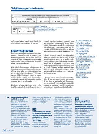 Trabalhadores por conta de outrem




                                                  Quadro 4 do anexo A
                                                  Rendimentos, retenções, deduções e contribuições
                                                  de trabalho dependente, no quadro 4a;
                                                  quotizações sindicais, no quadro 4B




              deficientes é idêntico ao da generalidade dos     entidade pagadora (ver figura em cima). Para
                                                                                                                   A taxa de retenção
              contribuintes (ver quadro 5, na pág. 16).         isso, consulte o comprovativo dessas reten-        na fonte a aplicar
                                                                ções (a chamada declaração de rendimentos          ao salário depende
                                                                auferidos), que a entidade patronal tem de
                                                                entregar até 20 de janeiro de 2012 e é relativa
                                                                                                                   do estado civil ,
                reTenções na FonTe                              aos rendimentos e retenções obtidos em 2011.       da composição
              ❯ As retenções na fonte são pagamentos men-                                                          do agregado,
              sais por conta de imposto. As entidades que       ❯ Há seis tabelas de taxas de retenção na fon-
              pagam rendimentos da categoria A devem,           te para os rendimentos da categoria A. Para
                                                                                                                   do vencimento mensal
              quando os põem à disposição do trabalhador,       os residentes nos Açores ou na Madeira apli-       e de o trabalhador
              descontar um certo montante, que será, mais       cam-se tabelas específicas. Para conhecer          (ou algum elemento
              tarde, entregue ao Estado.                        aquela que se aplica ao seu caso, peça uma
                                                                fotocópia na empresa onde trabalha ou num
                                                                                                                   do agregado) ter,
              ❯ No cálculo do imposto, o valor da retenção      serviço de finanças. Também pode pedi-la ao        ou não, um grau
              é subtraído ao imposto encontrado. As reten-      nosso serviço de informação (808 200 148). Se      de invalidez
              ções na fonte sobre os rendimentos da cate-       tem acesso à Net, consulte-as em www.portal-
              goria A são obrigatórias. Quando o fisco apu-     dasfinancas.gov.pt.
                                                                                                                   permanente igual
              rar, em 2012, o imposto a pagar, as impor-                                                           ou superior
              tâncias retidas em 2011 serão descontadas à       ❯ Quando houver uma alteração na compo-            a 60 por cento
              coleta, para apurar se tem de pagar mais im-      sição do seu agregado (como o nascimento
              posto ou se será reembolsado.                     de um filho) ou no estado civil, deve comu-
                                                                nicá-la à entidade empregadora (ver questão
              ❯ Indique, no quadro 4A do anexo A, o valor       23). Caso se justifique, a taxa de retenção que
              total das retenções feitas ao longo do ano e a    incide sobre o seu ordenado é atualizada.




     >>       pagar mais na liquidação
              de IRS. É verdade?
                                               ainda poderá ter de suportar
                                               mais imposto. Simule o seu
                                                                                  Contudo, se a totalidade do
                                                                                  valor fosse declarada como      28
              Sim. os trabalhadores por        caso no nosso sítio (ver           rendimento de 2011, poderia     Estive empregado até
              conta de outrem e os             ilustração na pág. 14).            ver a sua taxa de imposto       junho. Durante o resto
              pensionistas pagaram                                                aumentada, o que agravaria      do ano, recebi o subsídio
              adiantadamente o imposto                                            bastante o irS a pagar.         de desemprego. Tenho de
              de 3,5% através da retenção                                         o fisco criou um mecanismo      declarar os dois montantes?
              de parte do subsídio de Natal.   27                                 para atenuar esta situação.     Só tem de declarar os salários
              Como o montante retido           Em outubro de 2011, recebi         Para usufruir, deve inscrever   no quadro 4A do anexo A,
              poderá corresponder,             da minha anterior entidade         a totalidade dos montantes      com o código 401.
              nalguns casos, a mais do que     patronal ordenados em falta        recebidos em 2011 (incluindo    o subsídio de desemprego
              3,5% do seu rendimento           desde 2009 no valor de             os ordenados em falta) no       não está sujeito a irS
              coletável, o fisco fará um       30 mil euros. Devo declará-        quadro 4A do anexo A.           e não tem ser declarado.
              acerto de contas na              -los no IRS?                       No quadro 5, mencione os        Se entregar a declaração
              liquidação do irS em 2012.       Caso se trate de uma               € 30 000 e indique o número     pela Net, é provável que
              Nesses casos, o contribuinte     indemnização, aplica-se            de anos a que respeitam,        os montantes já estejam
              será reembolsado. Noutros,       o regime da questão 25.            neste caso, 2.                  pré-preenchidos.

20   Guia Fiscal 2010
                 2011
 